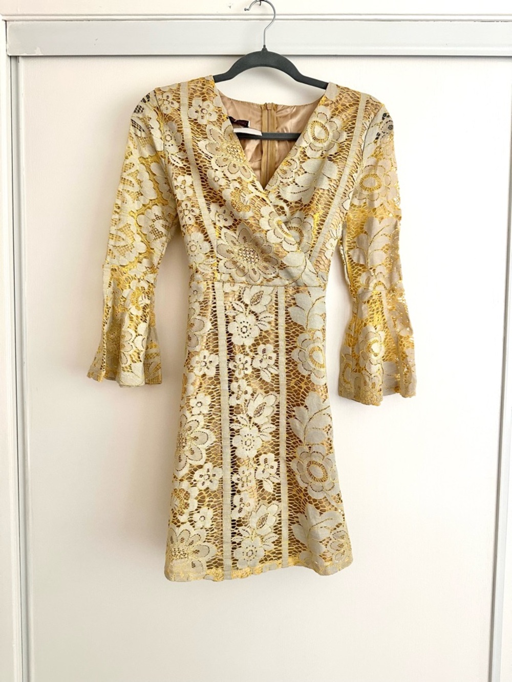 Gold Floral Lace Wrap Dress